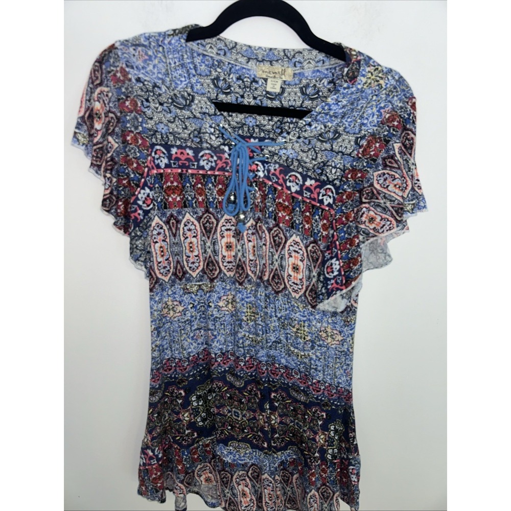 One World Women's XS Or Child's S Boho Short Sleeve Multicolor‎ V-Neck Thai Topp